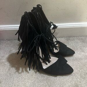 ZARA Fringed High Heeled Sandals Black Suede Size 9